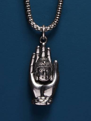 Silver Buddha head on hand 316L Stainless Steel Chain for wholesale by We Are All Smith