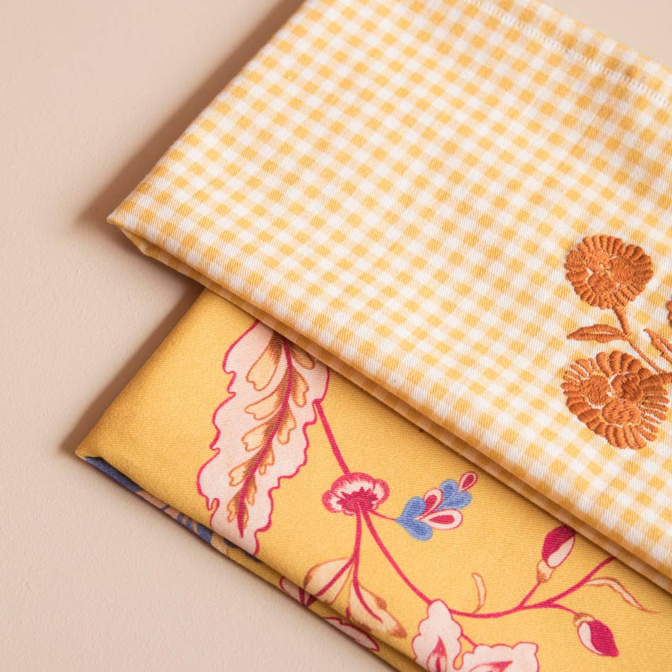 Mahe Homeware - Wholesale Tea Towel - Yellow Ocher Chintz Embroidered Kitchen Towel Set 23
