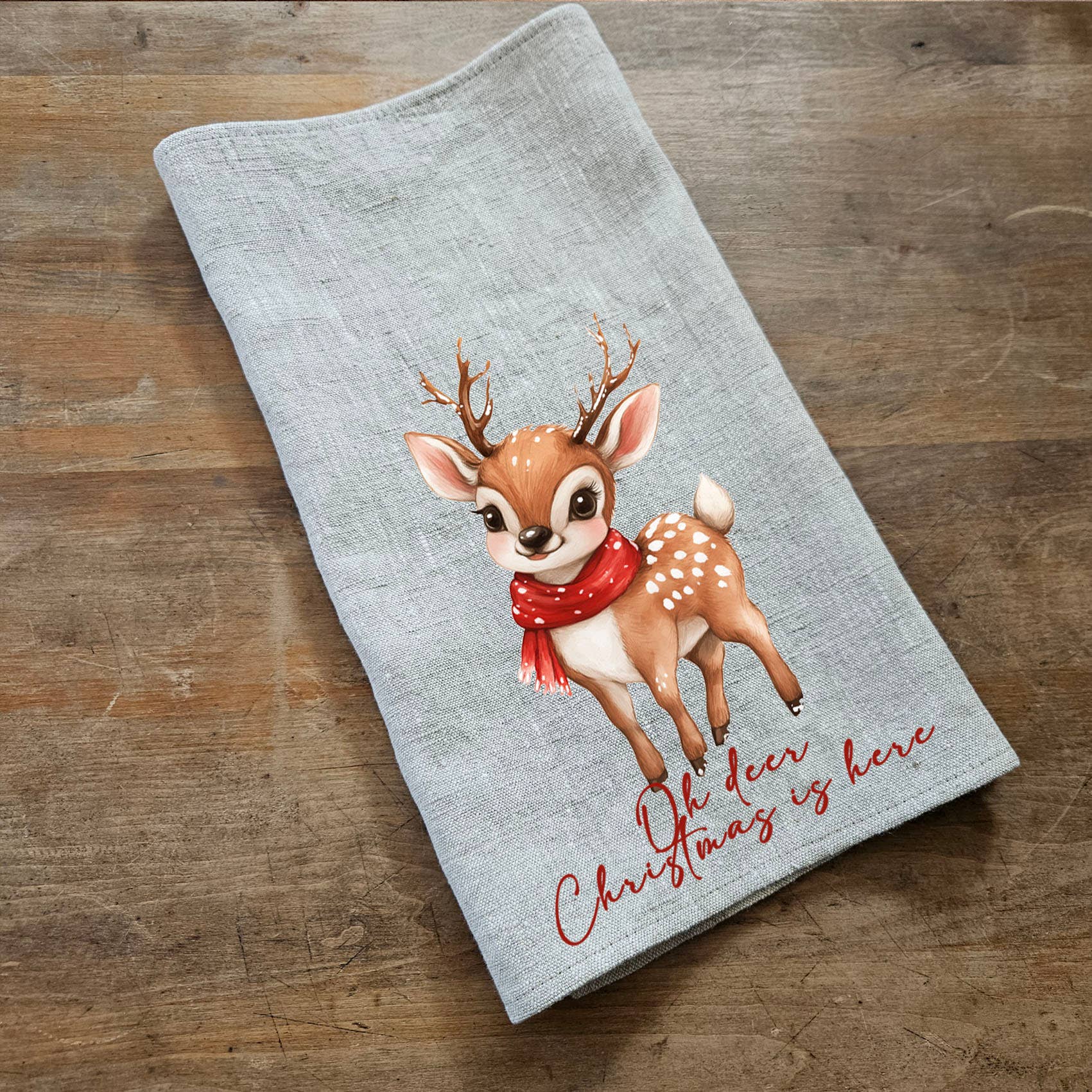 NorraVilla – wholesale Tea towel – 100% Linen Guest Towel with Babby reindeer Merry Christmas 1