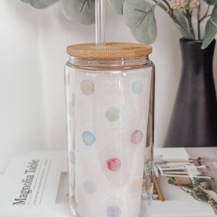 Emma K Designs - Wholesale Drinking Glass/Cup - Colorful Dots (large dots) 16oz Glass Cup with Bamboo Lid