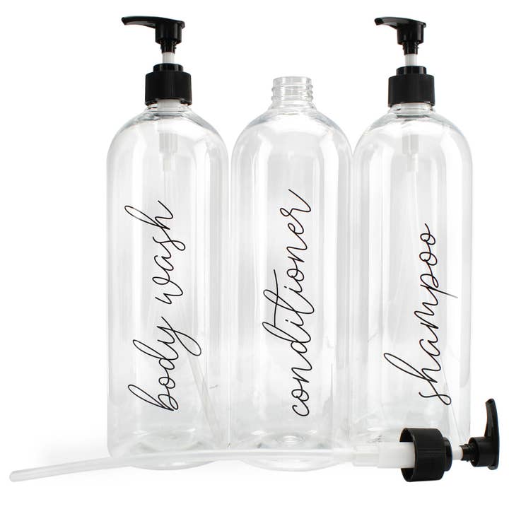 Cornucopia Clear Shower Pump Bottles (Set of 3) for wholesale by Kurated Korner