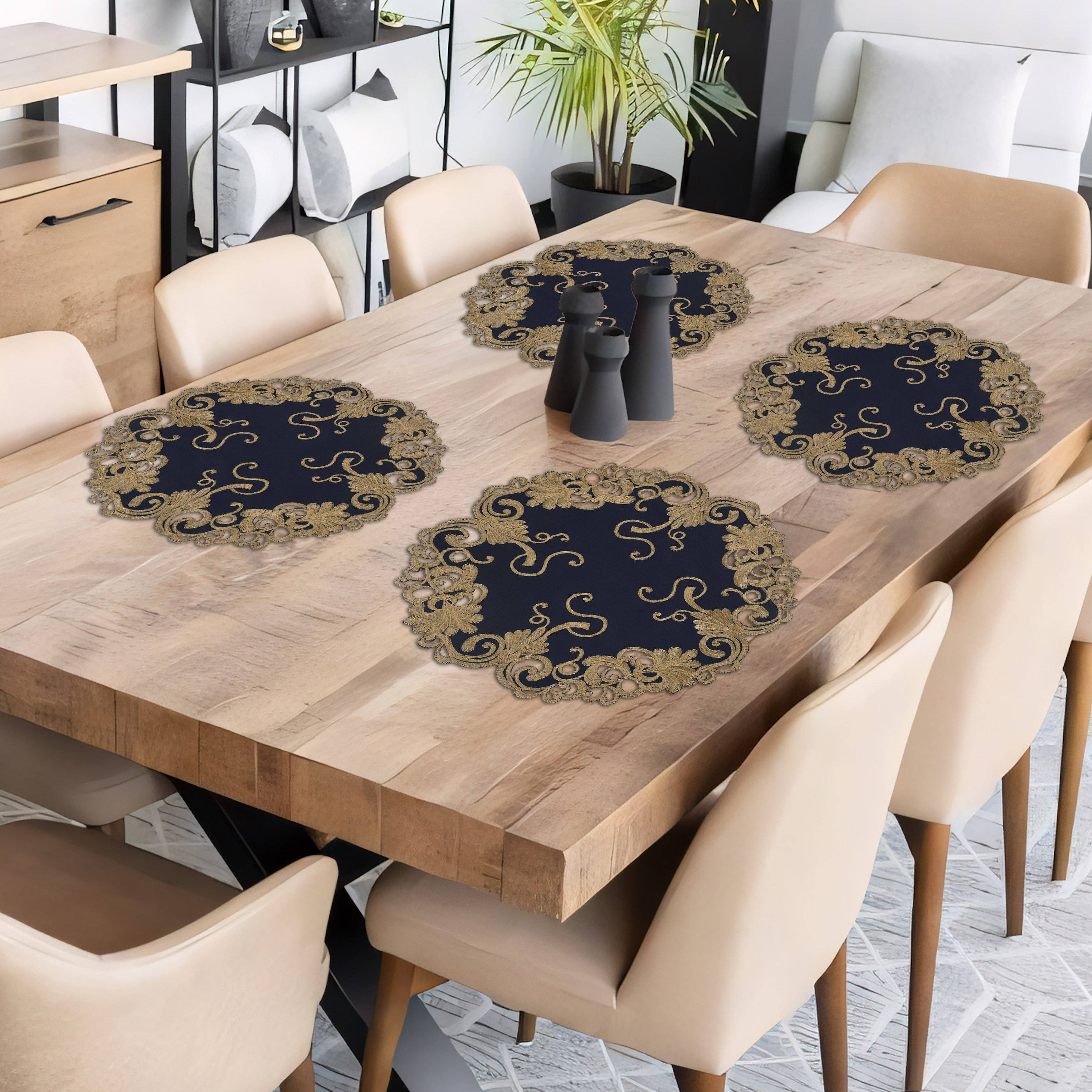 Decozen - Wholesale Placemat - Vintage Opulence – Gold Lace Blue Round Doilies, The Vintage Opulence Collection European Embroidery Décor 15 inch4