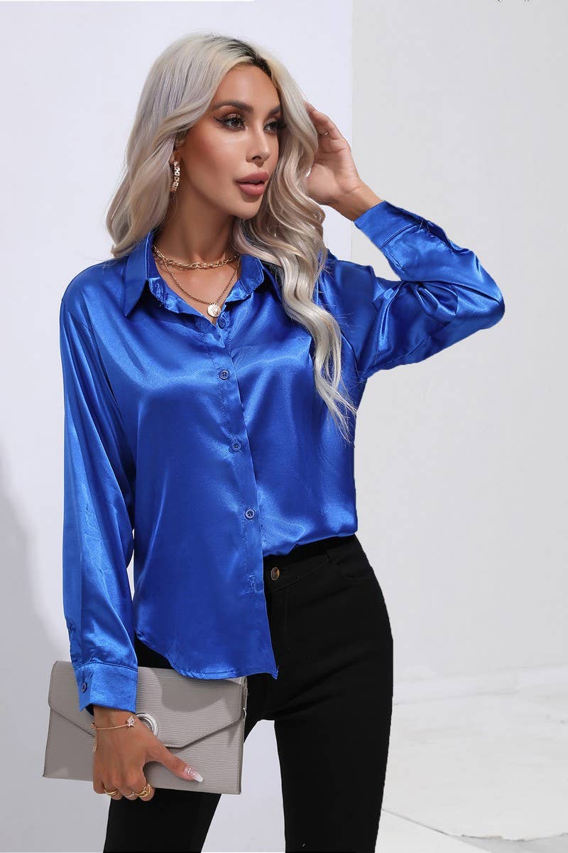 NINEXIS - Wholesale Button Down Shirt - Women's - CWTBLL0690_Button Down Silky Satin Long Sleeve Top2