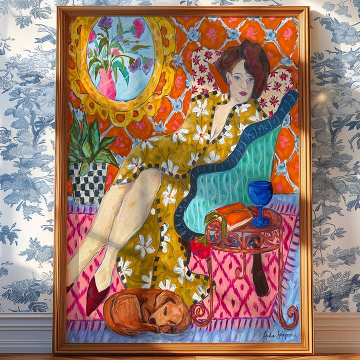 Lady and Dachshund Art, Maximalist Art, Dopamine Decor, Figure Colorful Boho Wall Poster for wholesale by Audra Style