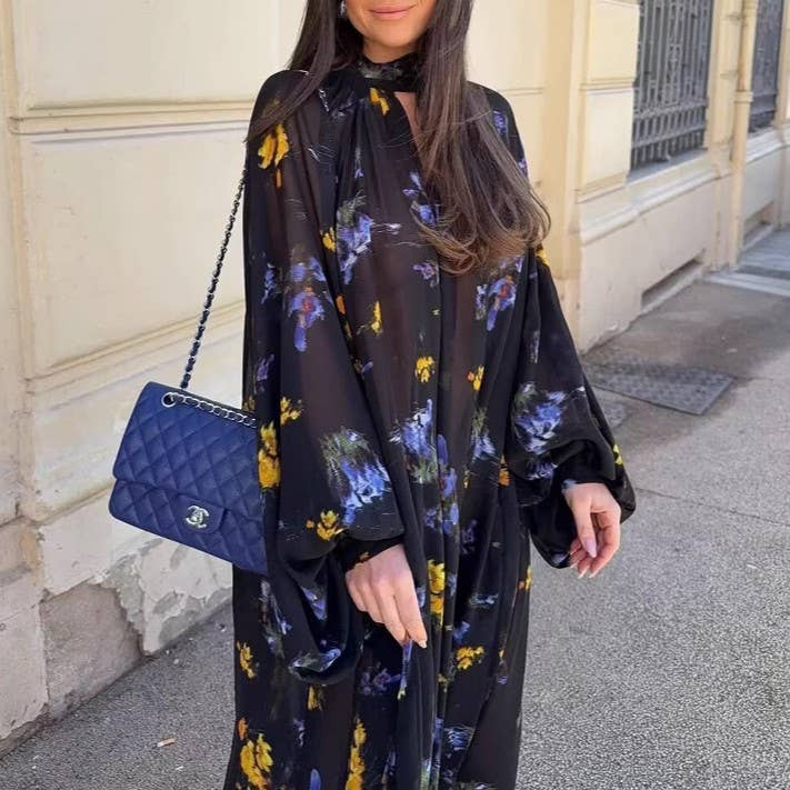 Navyblue Chiffon Fashionable Printed Tie-Up Mesh Dress for wholesale on Faire2