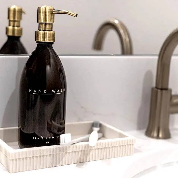 16 oz Amber Glass "Hand Wash" Dispenser w/ Gold Pump for wholesale by the Lave co