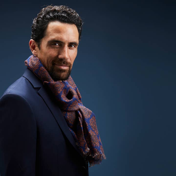 AV08 PARIS - Wholesale Scarf - Men's - KARIJINI PARK MEN'S SCARF – LINEN, BLUE AND ORANGE PRINT2