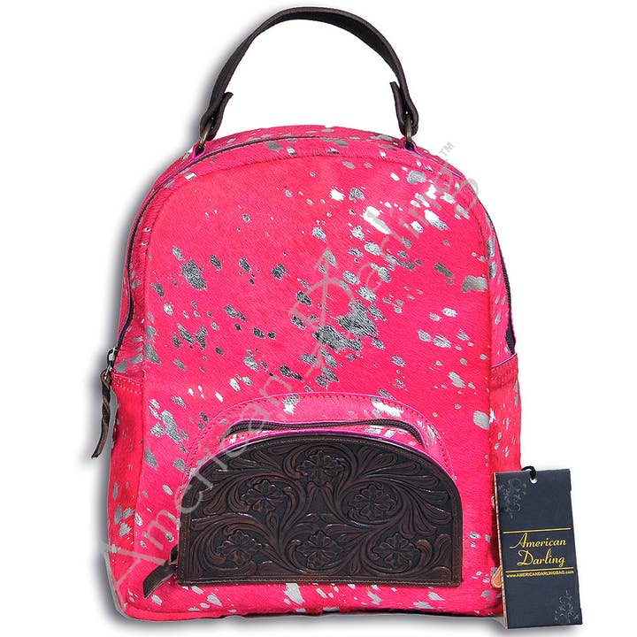 LS Western - Wholesale Backpack – Women's - ADBGS156 Natural Cowhide Leather Backpack with Hand-Tooled Floral Pocket - Western Style1