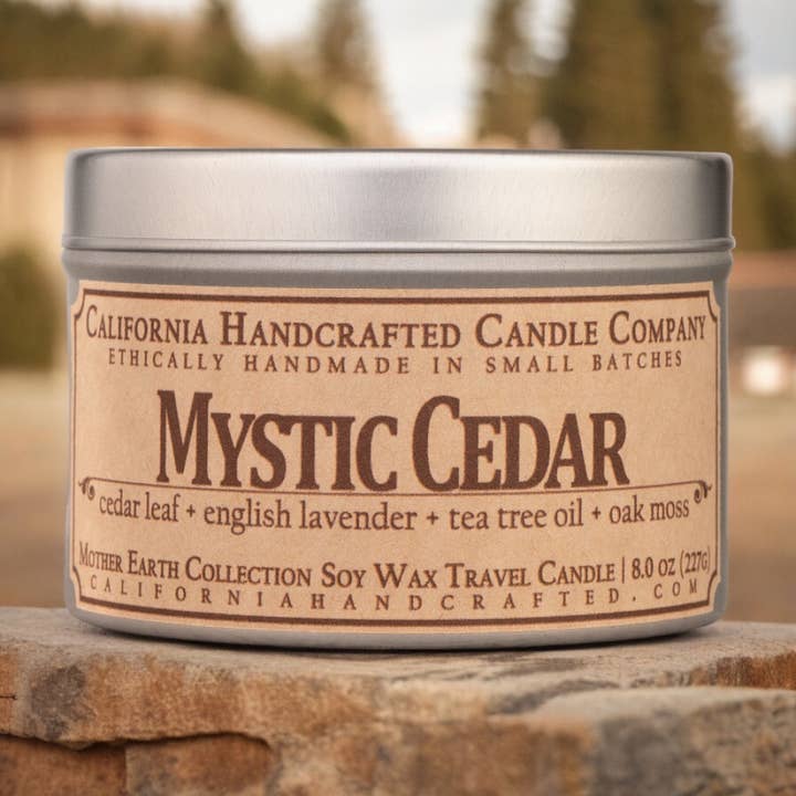 Mystic Cedar Coconut Apricot Travel Candle for wholesale by California Handcrafted