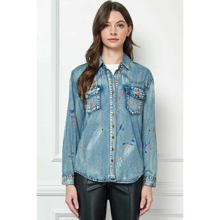 Paint Splattered Denim Over Shirt for wholesale by Veveret