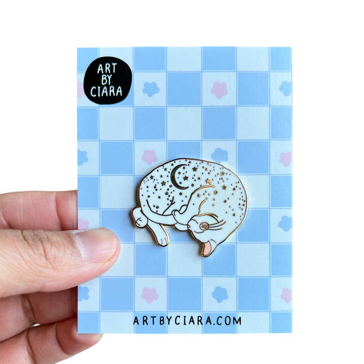 Sleepy Celestial Kitty Enamel Pin for wholesale by Art by Ciara