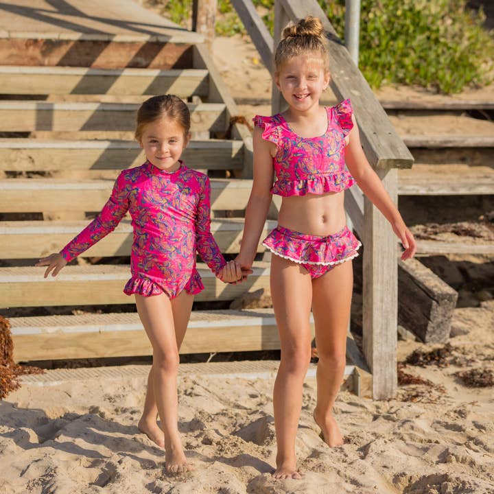 Fernleigh Avenue - Wholesale Two Piece Swimsuit - Kids - Pink Oriental Frill Girls Two Piece Swimsuit, Girls Bikini