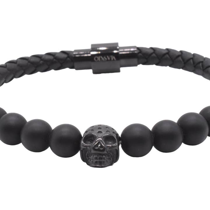 Maskio Black Leather Bracelet Onyx Stones And Skull for wholesale by Maskio
