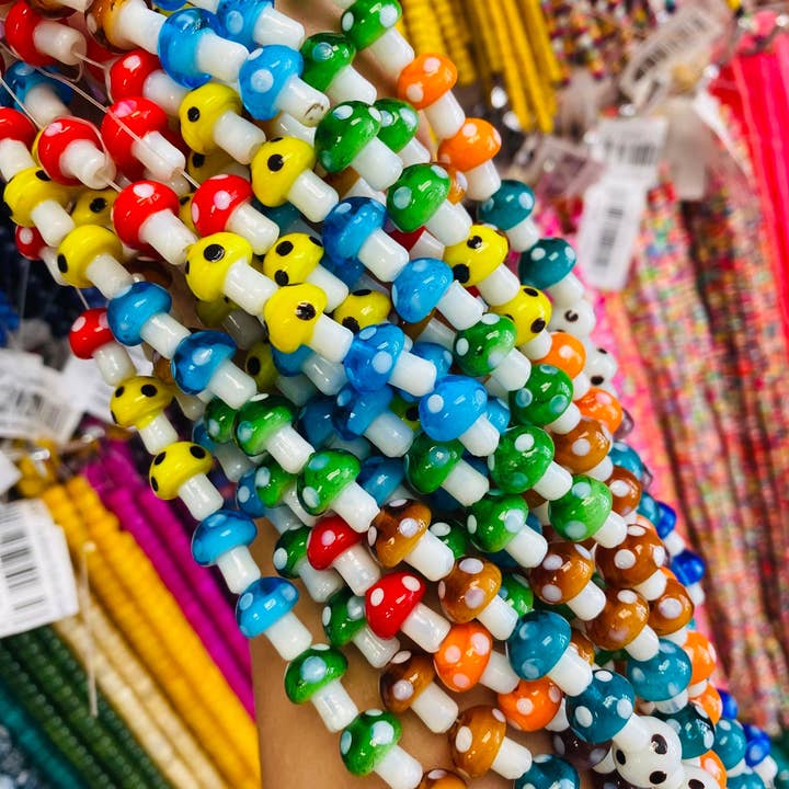 The Bead Bazaar - Wholesale Beads - Strand of Colorful Mushroom Beads, Shroom Pendant Beads, Keychain Bright Clear Mushroom Beads, Mushroom Charms, Boho Bead DIY Jewelry Making3