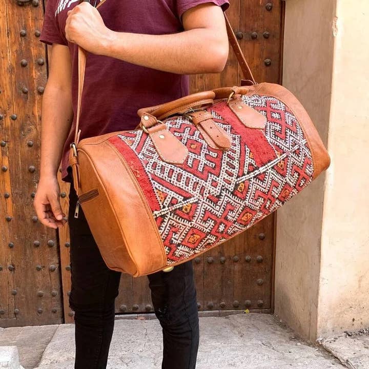 Melecraft – Großhandel Weekender-Tasche – Herren – Marokkanische Duffle-Kelim-Tasche, Kelim-Reisetasche aus Leder