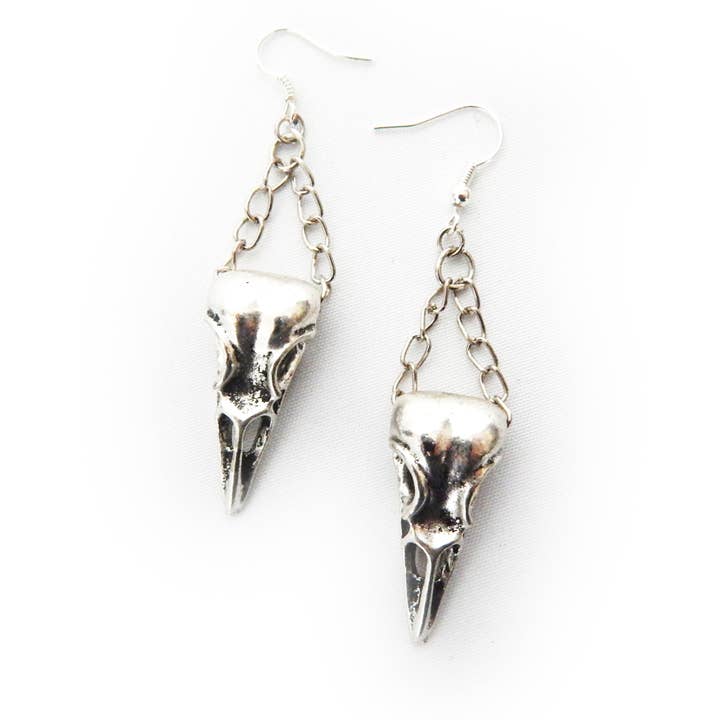 Antique Silver Chained Bird Skull Dangle Earrings for wholesale by 8th Sin