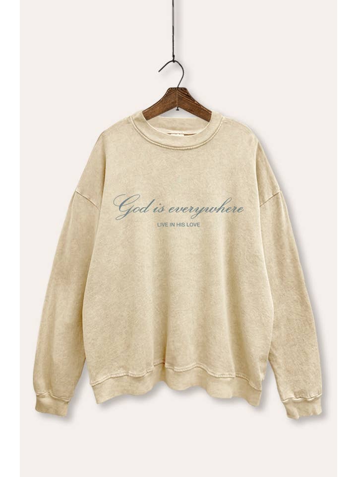 GOD IS EVERYWHERE GRAPHIC MINERAL WASH SWEATSHIRT for wholesale by PINK NABI