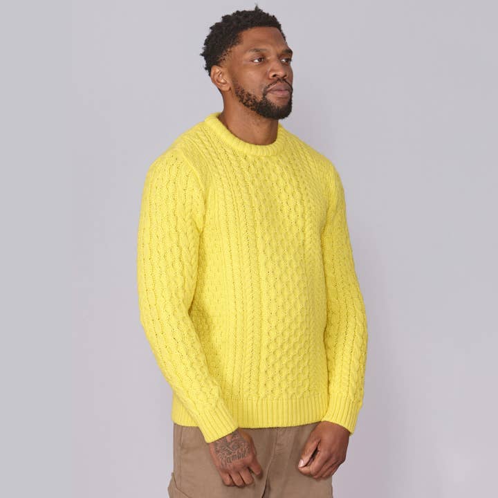 Classic Aran Wool Jumper - Yellow | Made from British Wool | Jack Masters Knitwear for wholesale on Faire