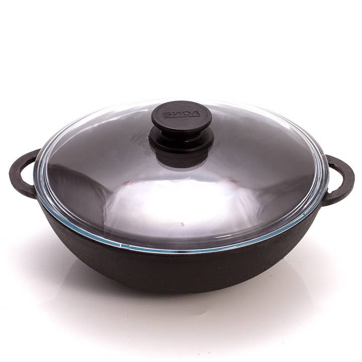 BIOL 3.2Qt Cast Iron WOK Pan w/ Glass Lid for wholesale by BIOL