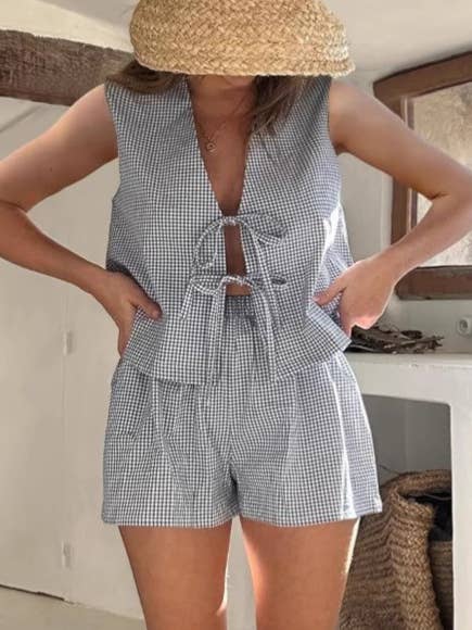 Casual Plaid Print Tie Front Vest Shorts Set for wholesale by HIDDENBRAND