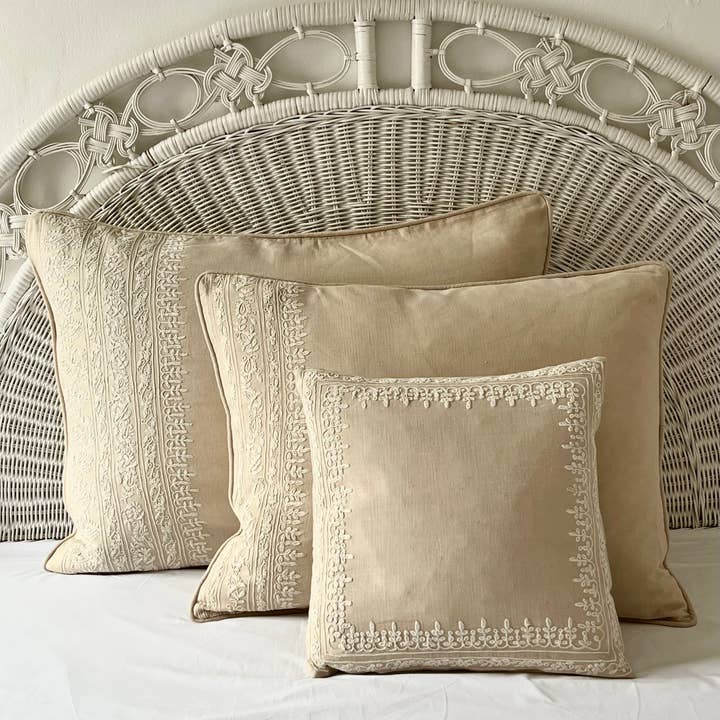Dori Beige Embroidered Linen Cushion Cover for wholesale by Dormitory