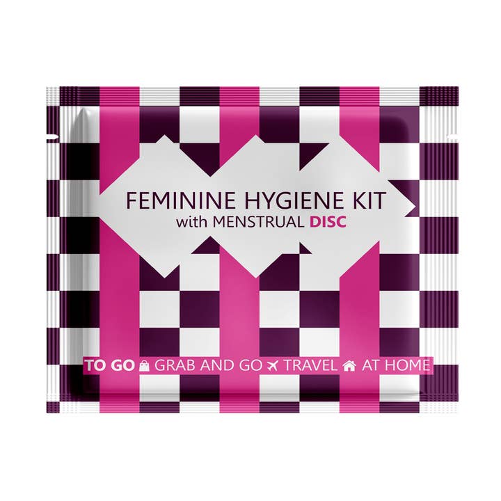 Menstrual Disc Kit with Pad, Wipes & Hand Sanitizer – Compact Period Essentials On the Go (Purple Checkers) for wholesale by Kit U Safe