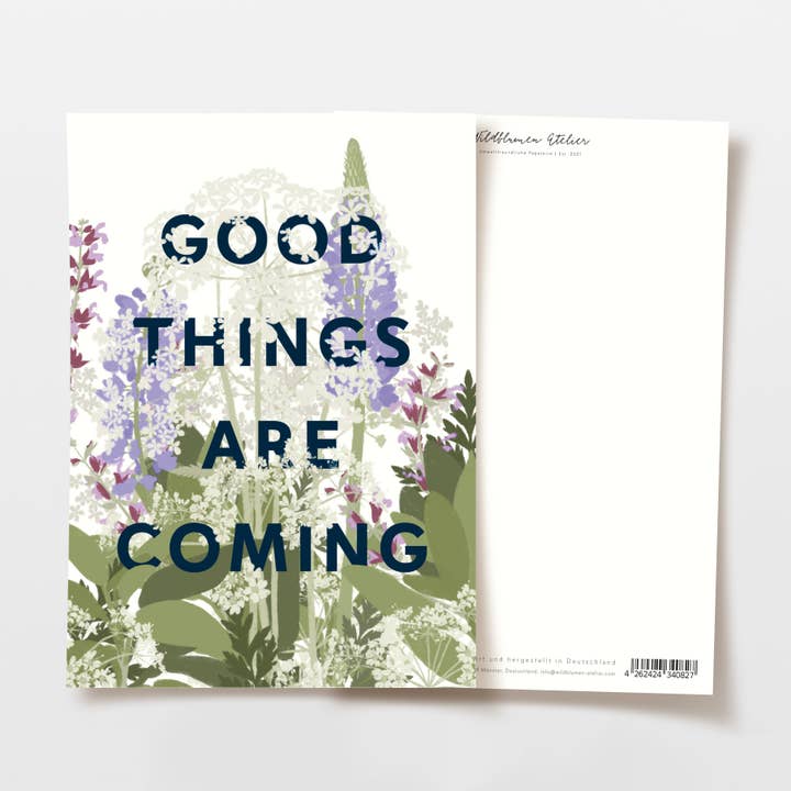 Cartolina con fiori «Good Things Are Coming», certificata FSC per la vendita all'ingrosso da parte di Wildblumen Atelier