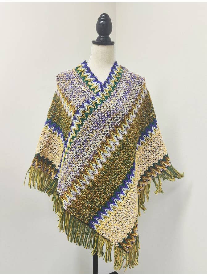Fennco Styles - Wholesale Poncho - Women's - Green Striped Knit Tassel Pullover Poncho Sweater