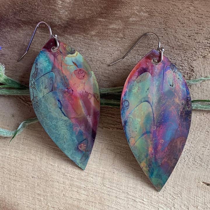 Botanical Large Leaf Fire Painted Copper Earrings for wholesale by Positive Shine Jewelry