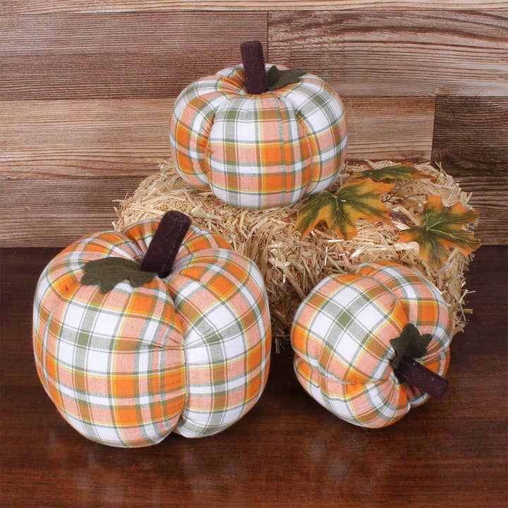Fall Harvest Plaid Pumpkin 4x3 for wholesale by Home Collections by Raghu