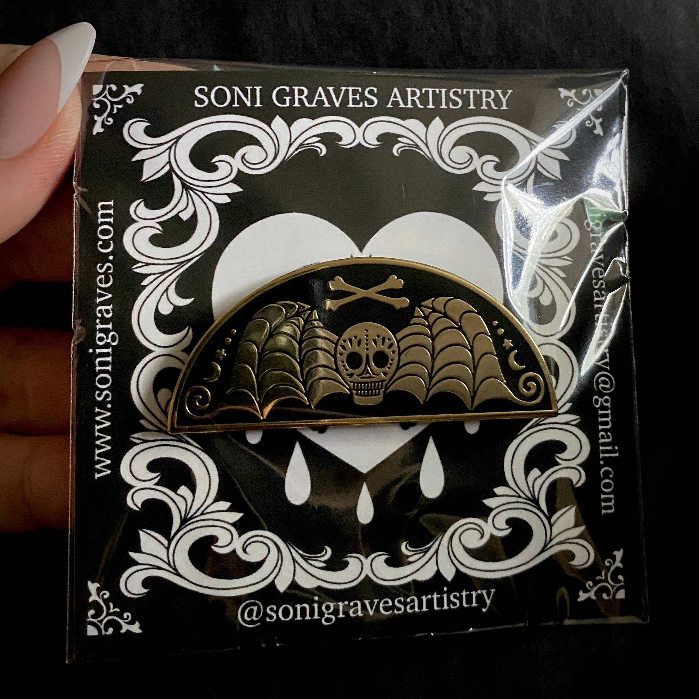 Soni Graves - Wholesale Lapel Pin/Button - Death's Head Pin: Golden Hard Enamel, Goth Spooky, Cemetery5