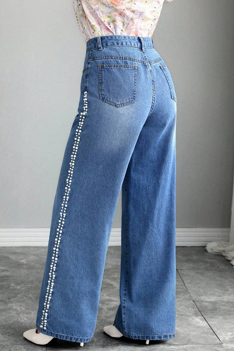 BLUE Pearl-Trim Wide Leg Jeans for wholesale on Faire3