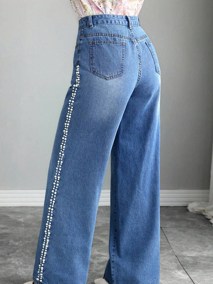 BLUE Pearl-Trim Wide Leg Jeans for wholesale on Faire3