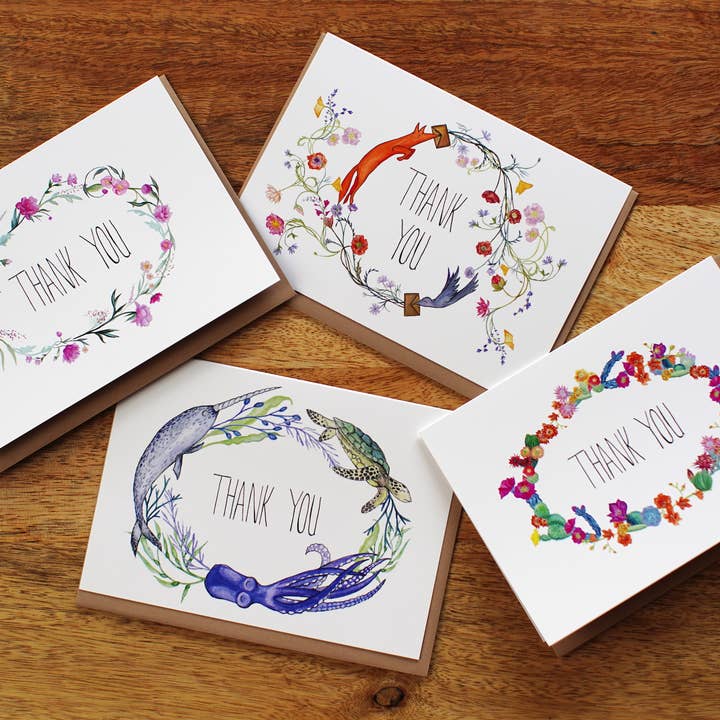Thank You Cards, Thank You, Flowers, Animals Cute Cards for wholesale by Fox & Crow Paper co.