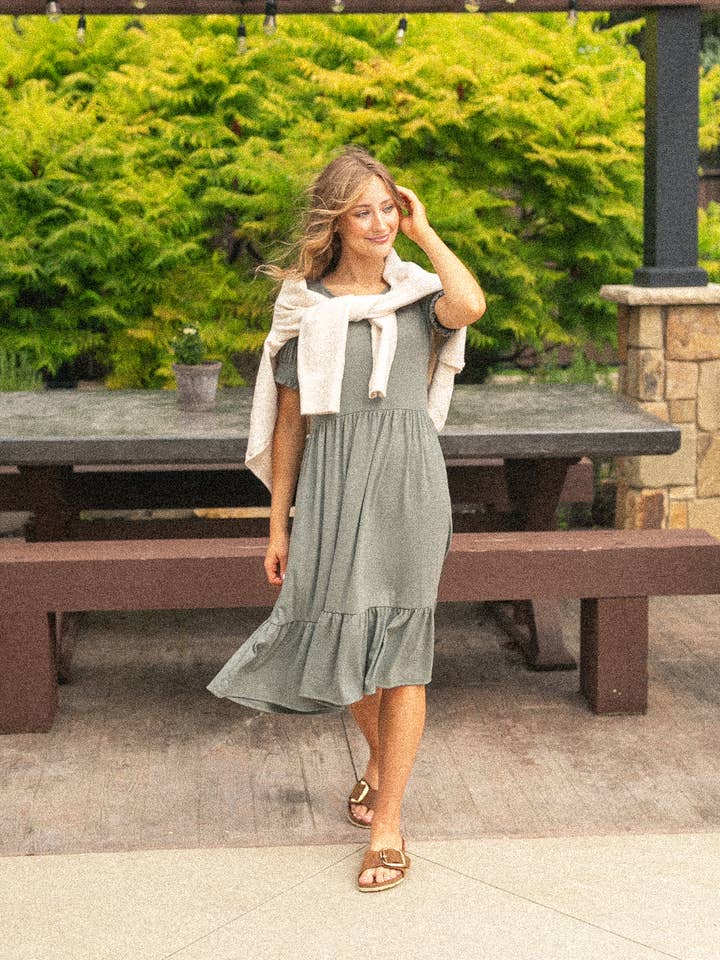 Womens Jess Smocked Short Sleeve Midi Dress Summer 2025 for wholesale by Inherit Clothing Company