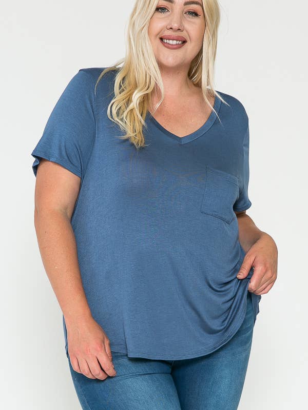 Plus Women V-Neck Chest Pocket Basic Top for wholesale by Story Teller