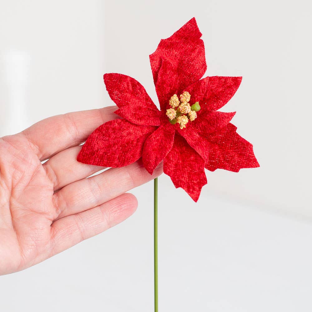 Factory Direct Craft – wholesale Artificial flowers – 7" Red Velveteen Poinsettia Christmas Floral Pick1