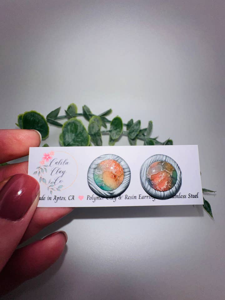 Round Marbled Pink and Blue Abstract Ocean Studs for wholesale by CaliLu Clay Co.