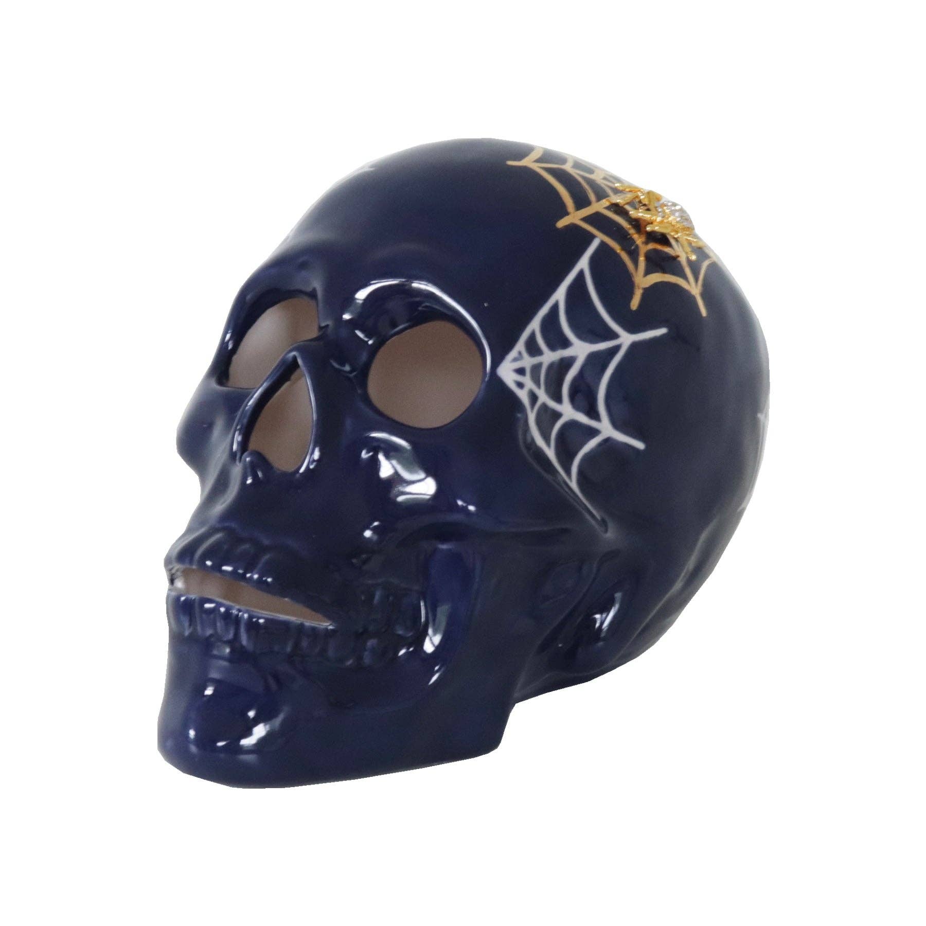 Lo Home | Ruby Clay - Wholesale Decorative Tabletop Object - "Mr. Bones and Charlotte" Skull Decor with 22K Gold Accents- Navy Blue0