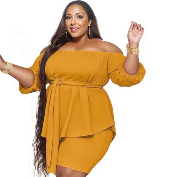 3XL Mustard Off-Shoulder Shorts Set|3XL for wholesale by PinktownUSA