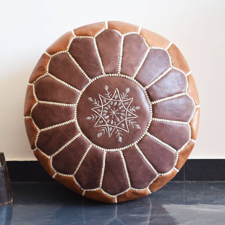 Moroccan Unstuffed Ottoman leather pouf / double tone brown for wholesale by MARRAKECH METACRAFT LTD