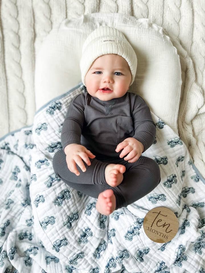 Newcastle Classics - Wholesale Bedding Blanket - Kids & Baby - Indigo Monster Trucks and Blue Fog Cotton Newcastle Blanket