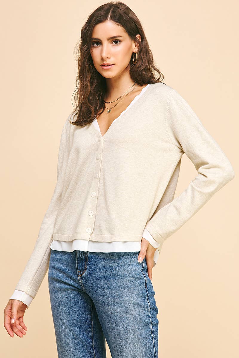 PINCH - Wholesale Knit Top - Women's - V-NECK WOVEN COMBO CARDIGAN TOP - 5831W2