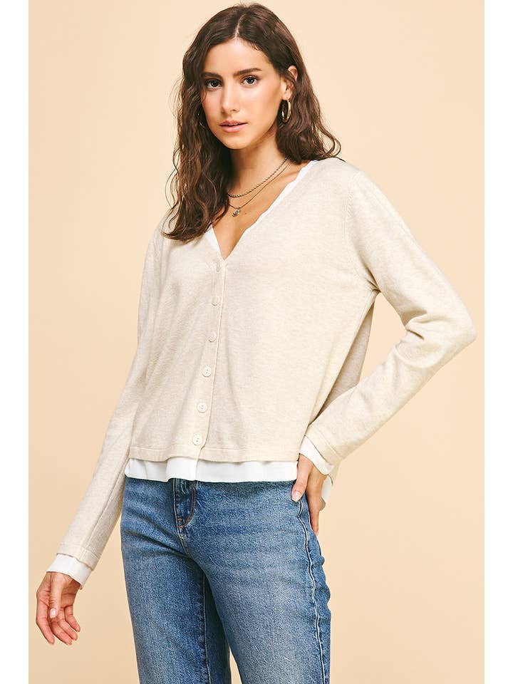 PINCH - Wholesale Knit Top - Women's - V-NECK WOVEN COMBO CARDIGAN TOP - 5831W2