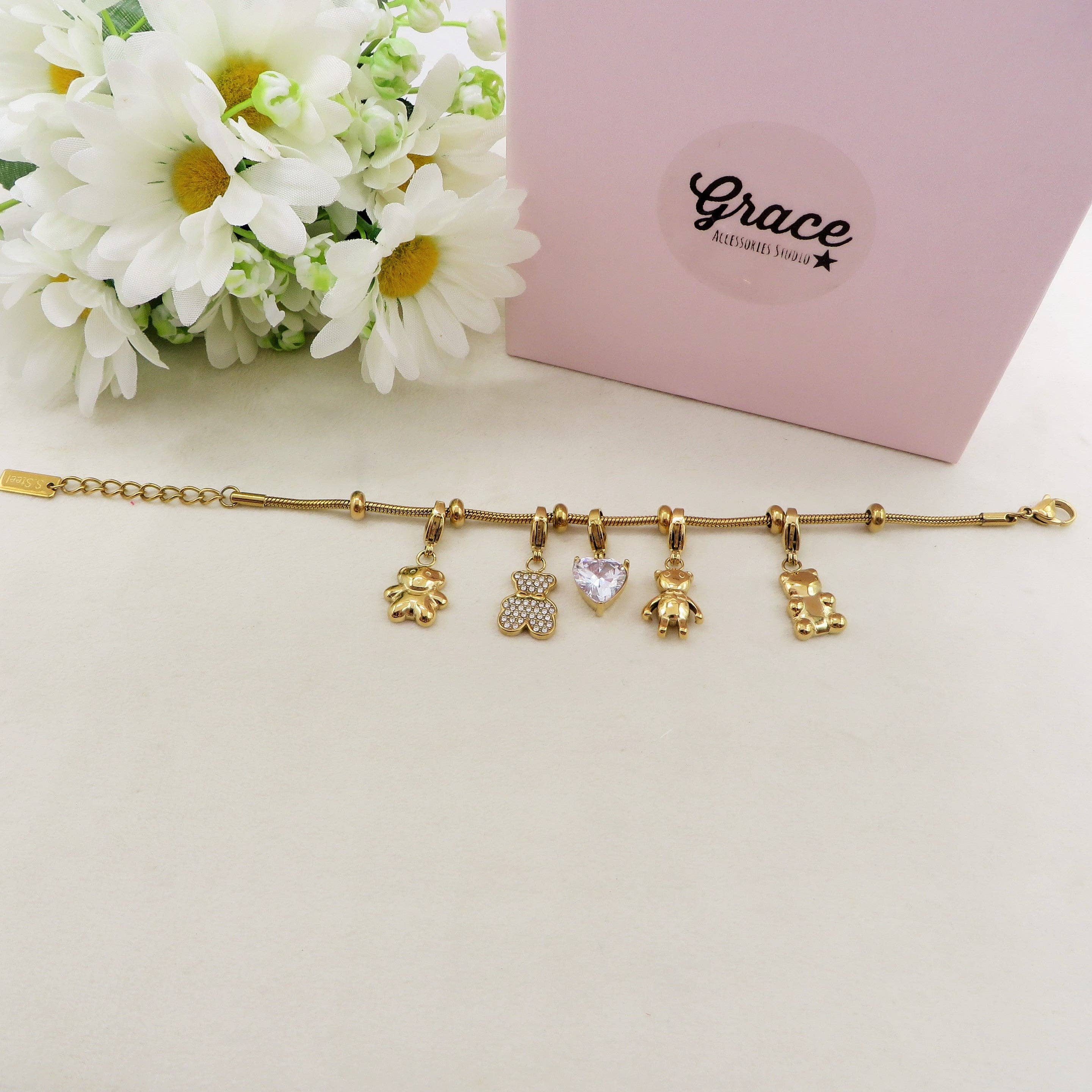 Daemon srls - Wholesale Charm/Dangle Bracelet - TEDDY - Bracciale con orsetti e cuori pendenti bombe' ACCIAIO INOSSIDABILE5