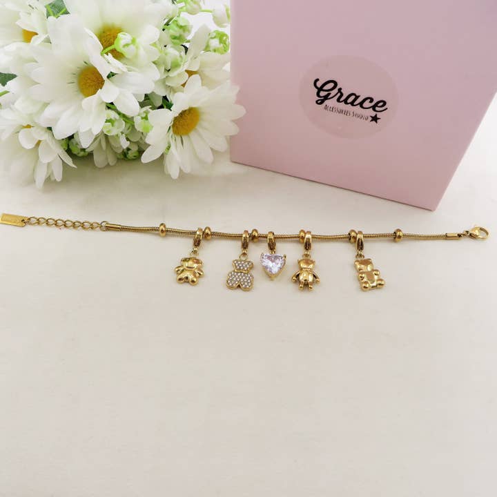Daemon srls - Wholesale Charm/Dangle Bracelet - TEDDY - Bracciale con orsetti e cuori pendenti bombe' ACCIAIO INOSSIDABILE5