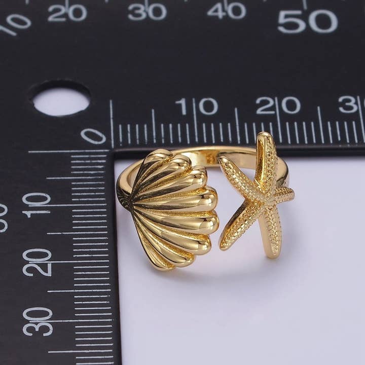 Aim Eternal - Wholesale Cocktail/Statement Ring - 14K Gold Filled Ocean Starfish Clam Sea Shell Open Wrap Ring in Gold & Silver | O3331