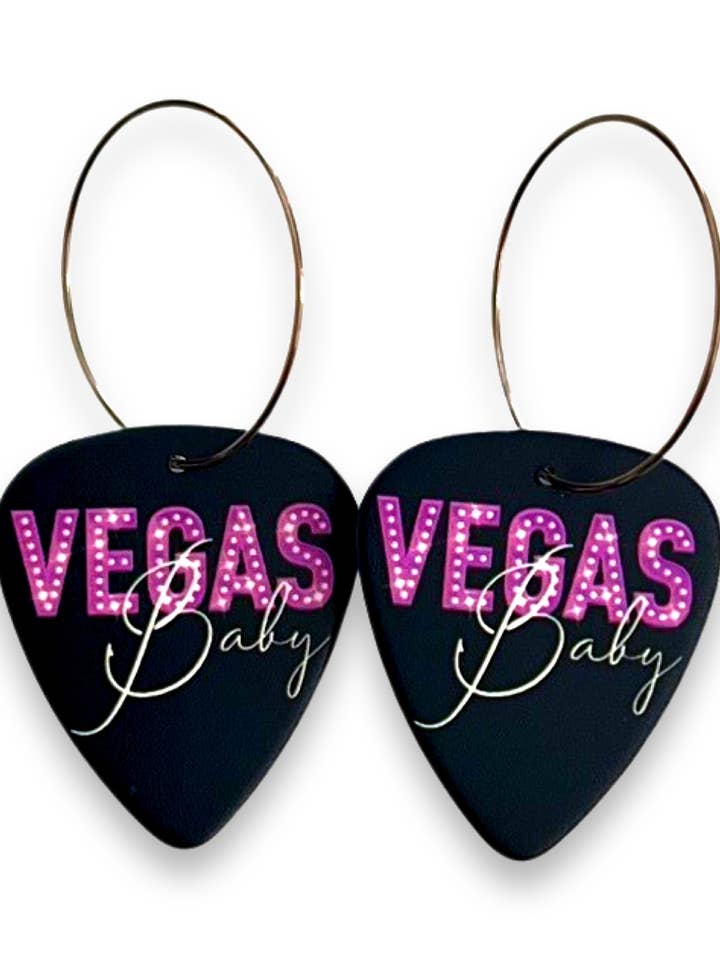 Boucles d'oreilles réversibles Vegas Baby noires à un seul médiator pour la vente par Groupie Love