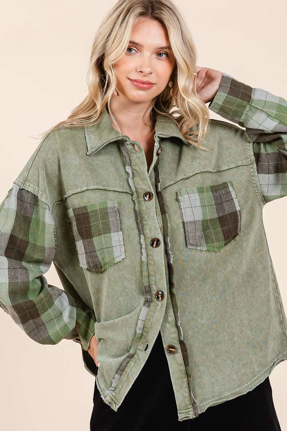 mittoshop - Wholesale Shirt Jacket/Shacket - Women's - MINERAL WASH CONTRAST PLAID PATCHWORK SHACKET10