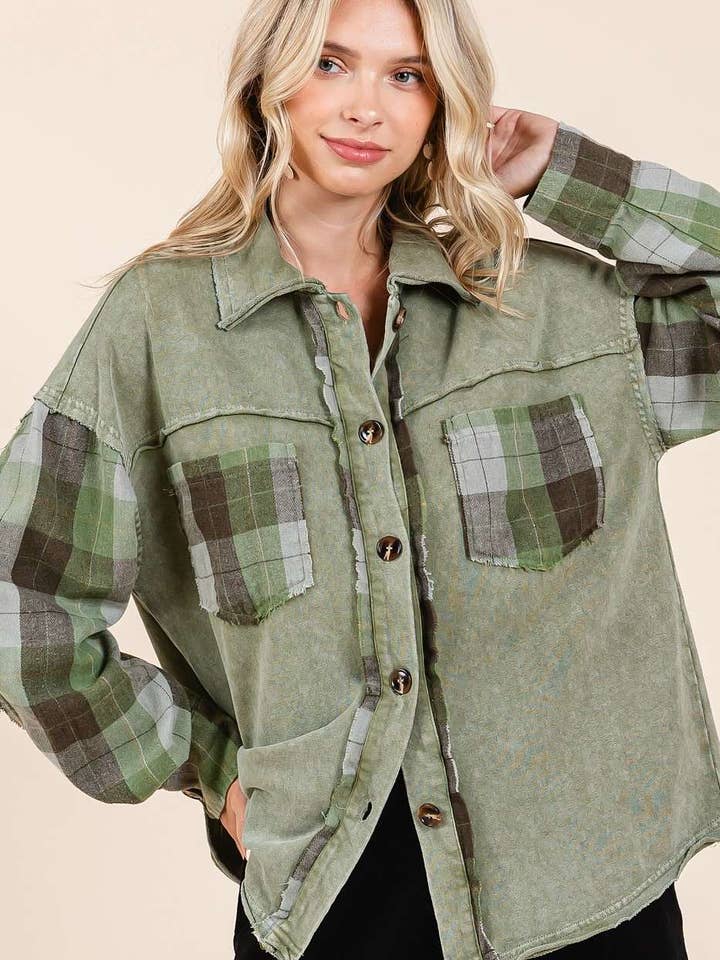 mittoshop - Wholesale Shirt Jacket/Shacket - Women's - MINERAL WASH CONTRAST PLAID PATCHWORK SHACKET10